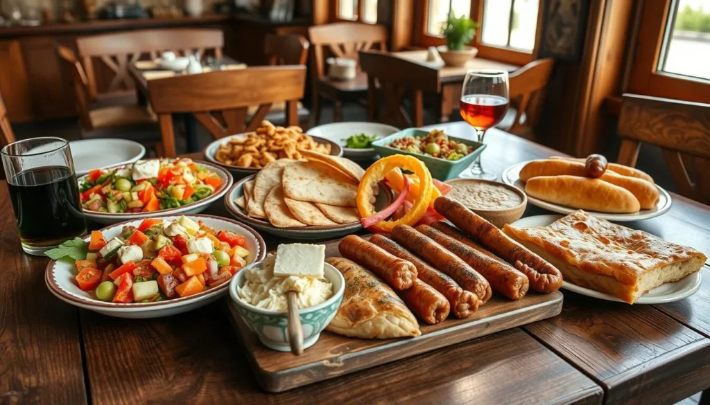 Traditional Bulgarian food spread including shopska salad, banitsa, and grilled meats