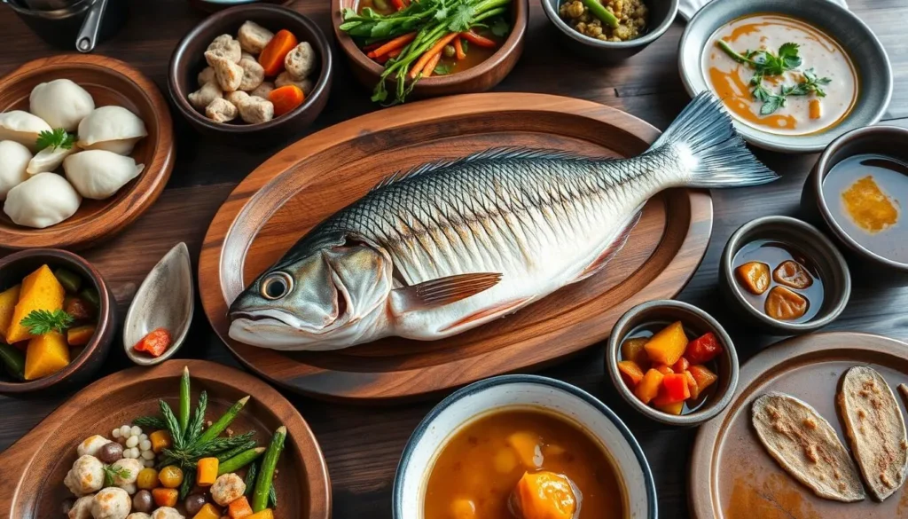 Traditional Buryat and Siberian cuisine with smoked omul fish from Lake Baikal Traditional Buryat and Siberian cuisine with smoked omul fish from Lake Baikal