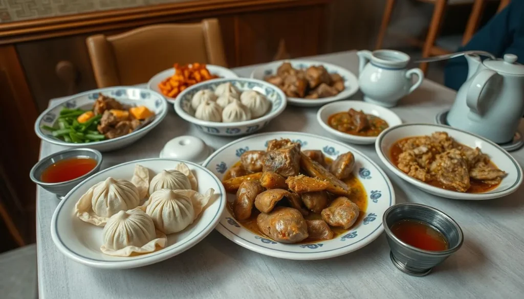 Traditional Buryat cuisine featuring buuzy (dumplings) and other local dishes