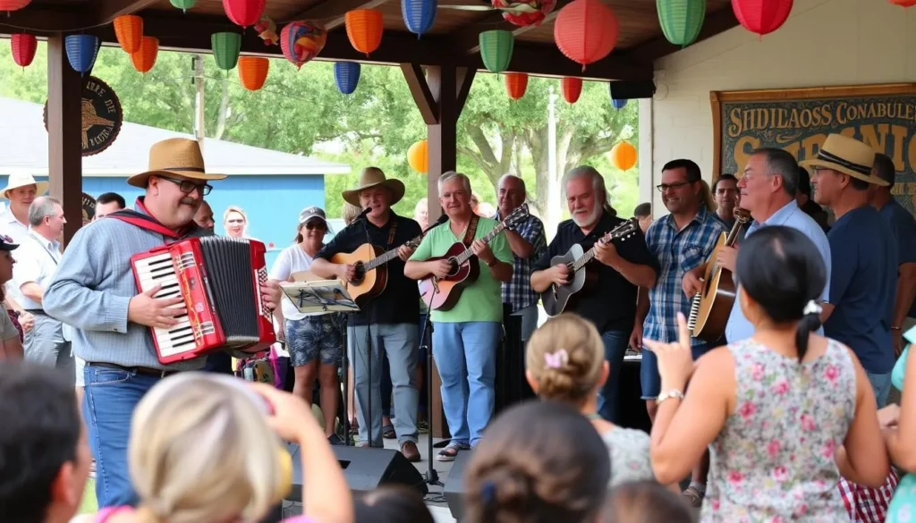 Traditional Cajun music performance at a local festival near Cameron Prairie with musicians playing accordions and fiddles