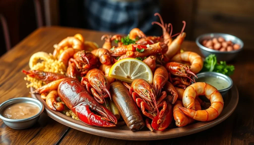 Traditional Cajun seafood platter with crawfish, shrimp, and local specialties