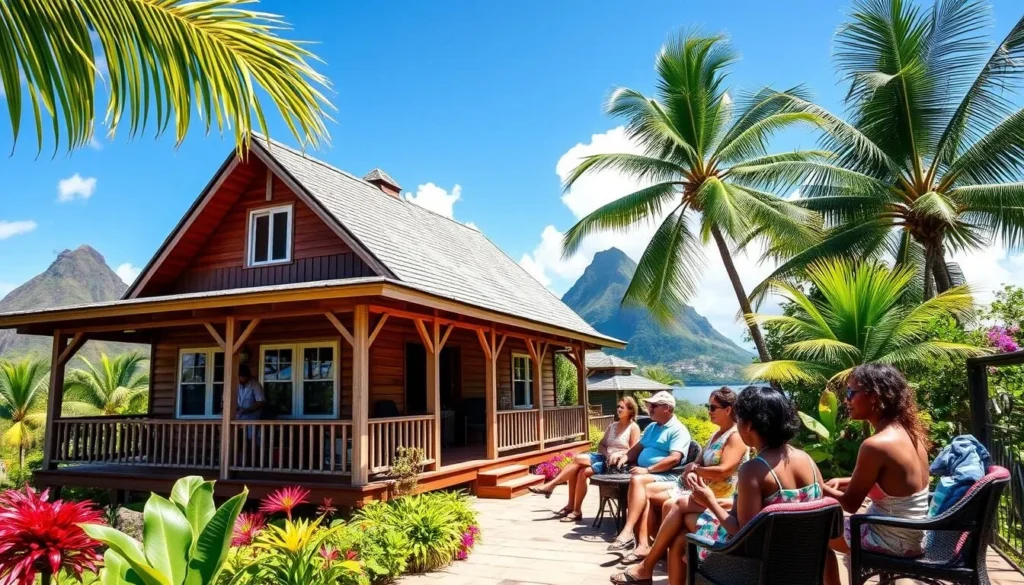 Traditional Caribbean guesthouse in Choiseul with tropical garden and Piton views