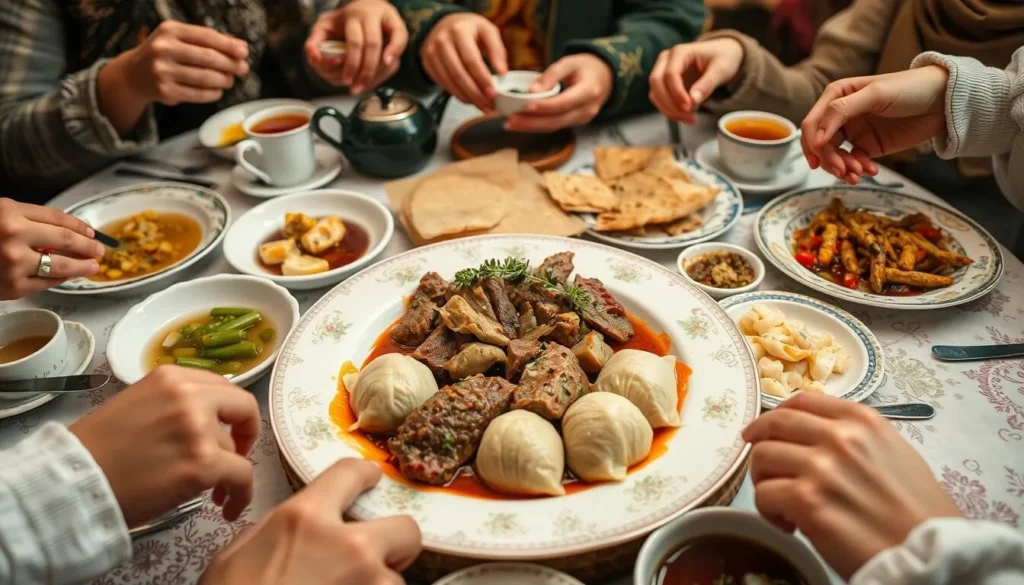 Traditional Chechen cuisine featuring Zhizhig Galnush (meat with dumplings) and other local dishes