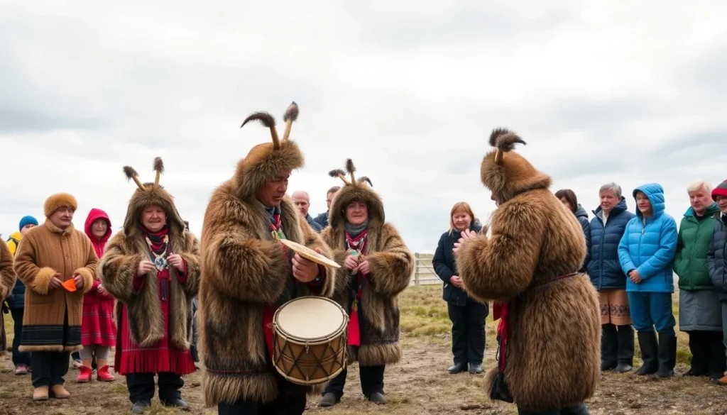 Traditional Chukchi ceremony with locals in national dress performing rituals Traditional Chukchi ceremony with locals in national dress performing rituals