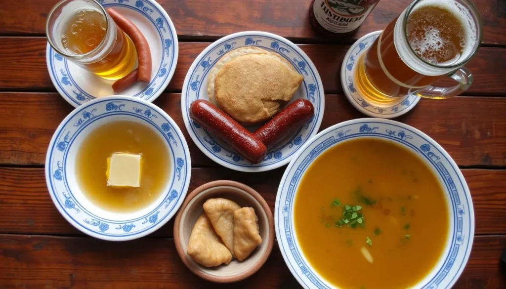 Traditional Chuvash cuisine featuring local specialties on a wooden table Traditional Chuvash cuisine featuring local specialties on a wooden table