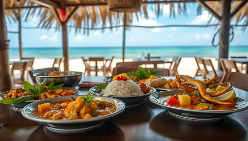Traditional Cocos Malay cuisine with curry, rice, and seafood dishes