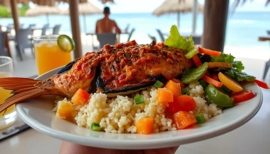 Traditional Creole dish served at a beachfront restaurant on Marie-Galante