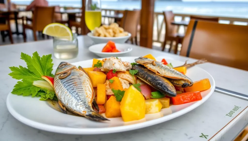 Traditional Creole dish with fresh seafood served at a beachfront restaurant in Les Trois-Ilets