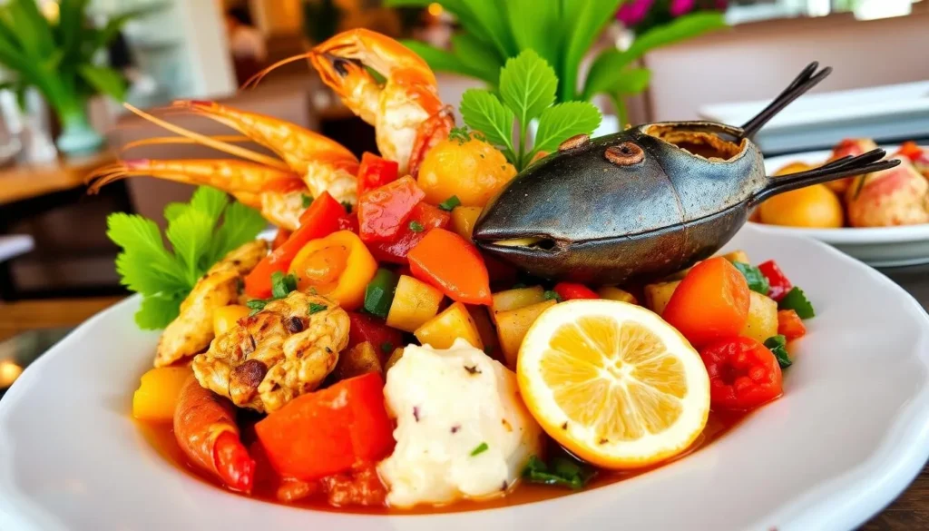 Traditional Creole dish with seafood and colorful spices from Guadeloupe