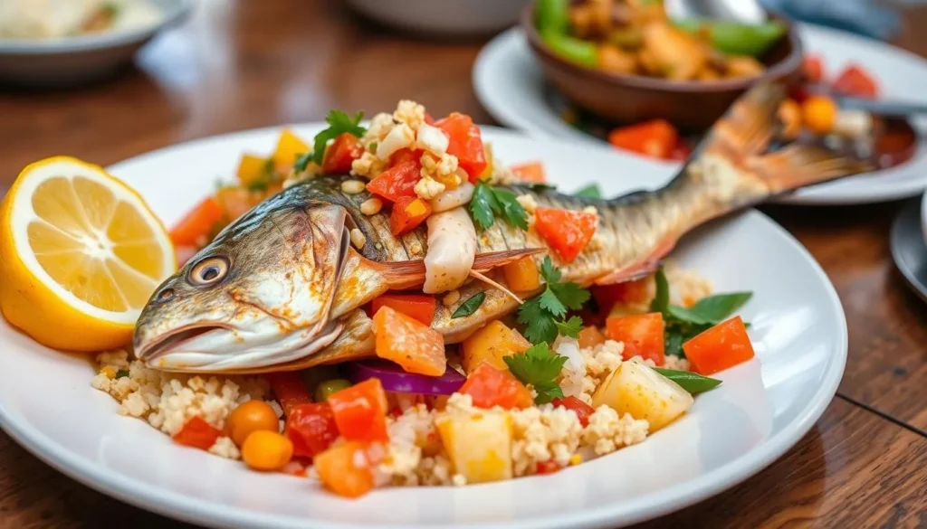 Traditional Creole seafood dish from Terre-de-Bas Island with fresh fish and local spices