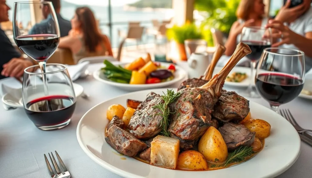 Traditional Cres lamb dish served in a local restaurant with sea view Traditional Cres lamb dish served in a local restaurant with sea view