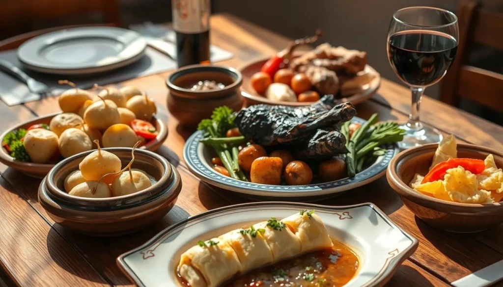 Traditional Croatian meal with štrukli, meat dishes, and local wine