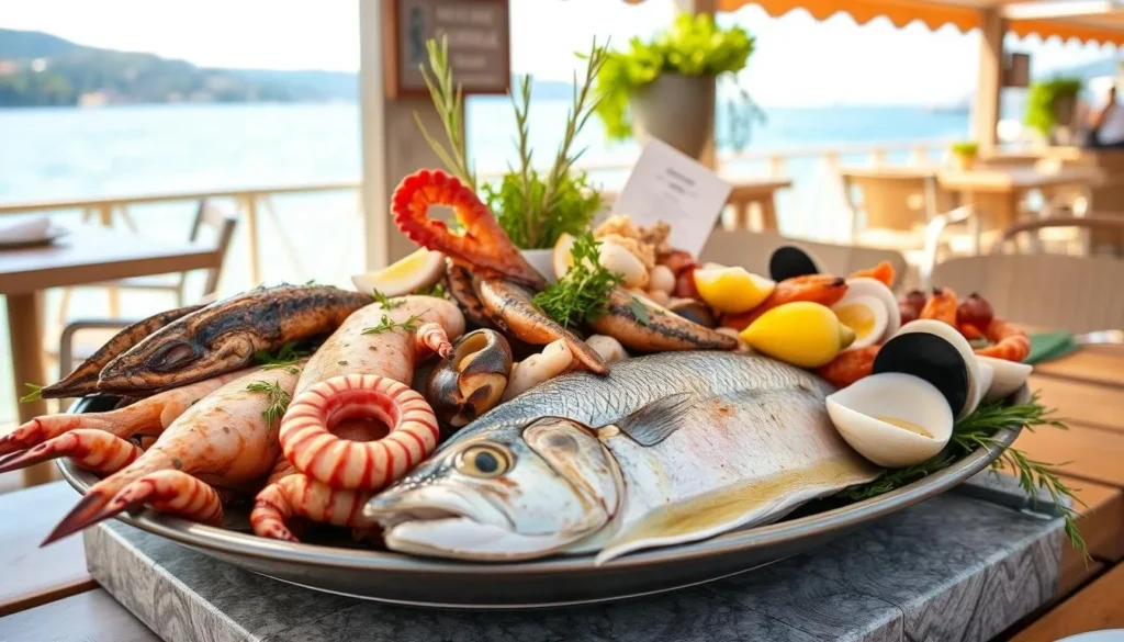 Traditional Croatian seafood platter served at a waterfront restaurant on Krk Island Traditional Croatian seafood platter served at a waterfront restaurant on Krk Island