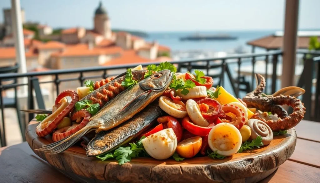 Traditional Croatian seafood platter with grilled fish, octopus, and shellfish served at a restaurant with a view of Dubrovnik