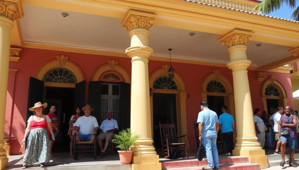 Traditional Cuban casa particular in Holguin with colorful facade and rocking chairs on the porch