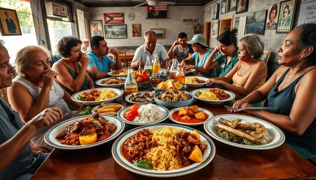 Traditional Cuban cuisine being served at a local restaurant in Matanzas, featuring ropa vieja and rice
