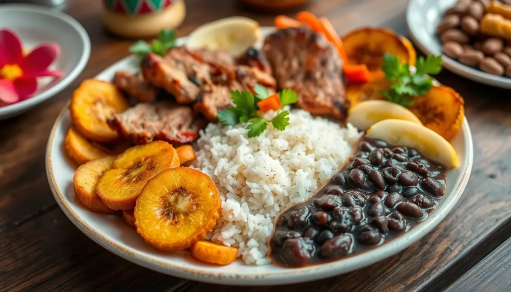 Traditional Cuban food with rice, black beans, roast pork, and plantains