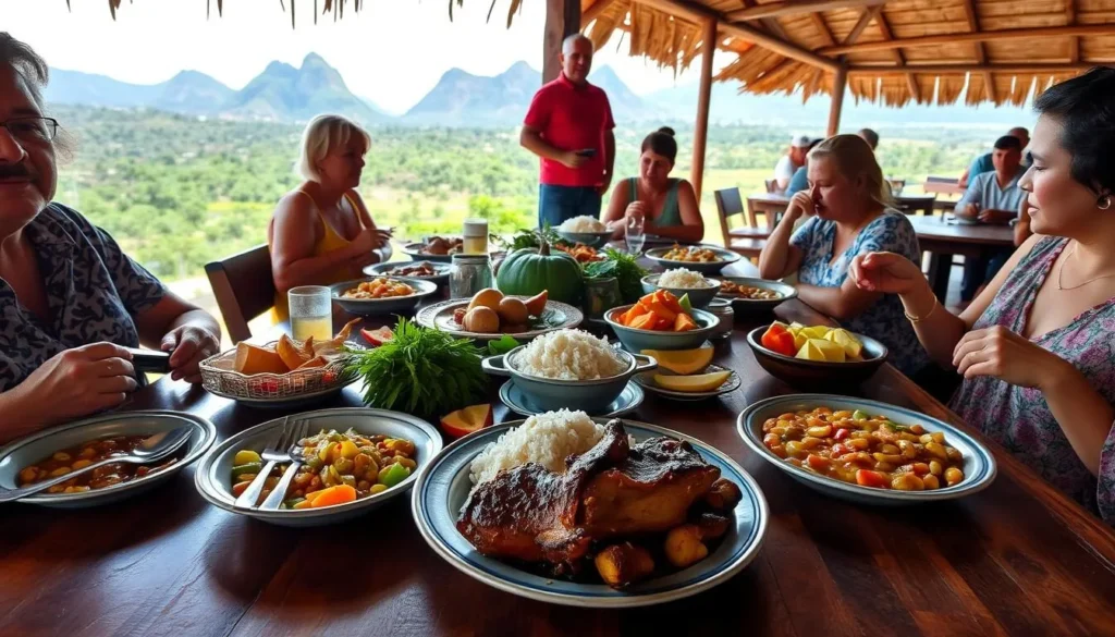 Traditional Cuban meal served at a farm-to-table restaurant in Vinales with various dishes and a valley view