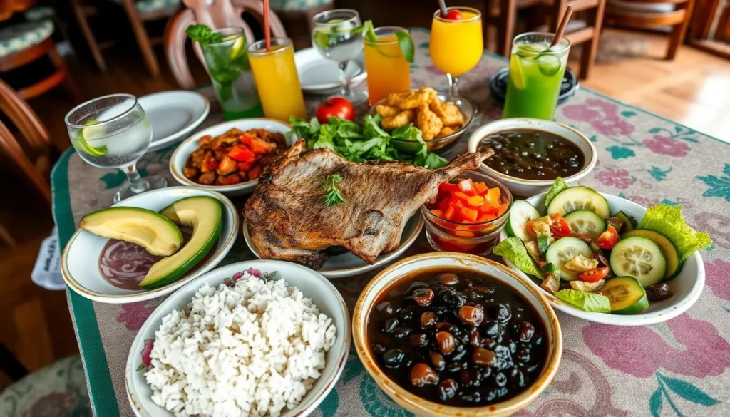 Traditional Cuban meal served at a paladar in Viñales featuring roast pork, rice, black beans, and fresh vegetables