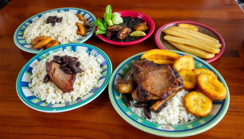 Traditional Cuban meal with rice, beans, roasted pork, and fresh vegetables Traditional Cuban meal with rice, beans, roasted pork, and fresh vegetables