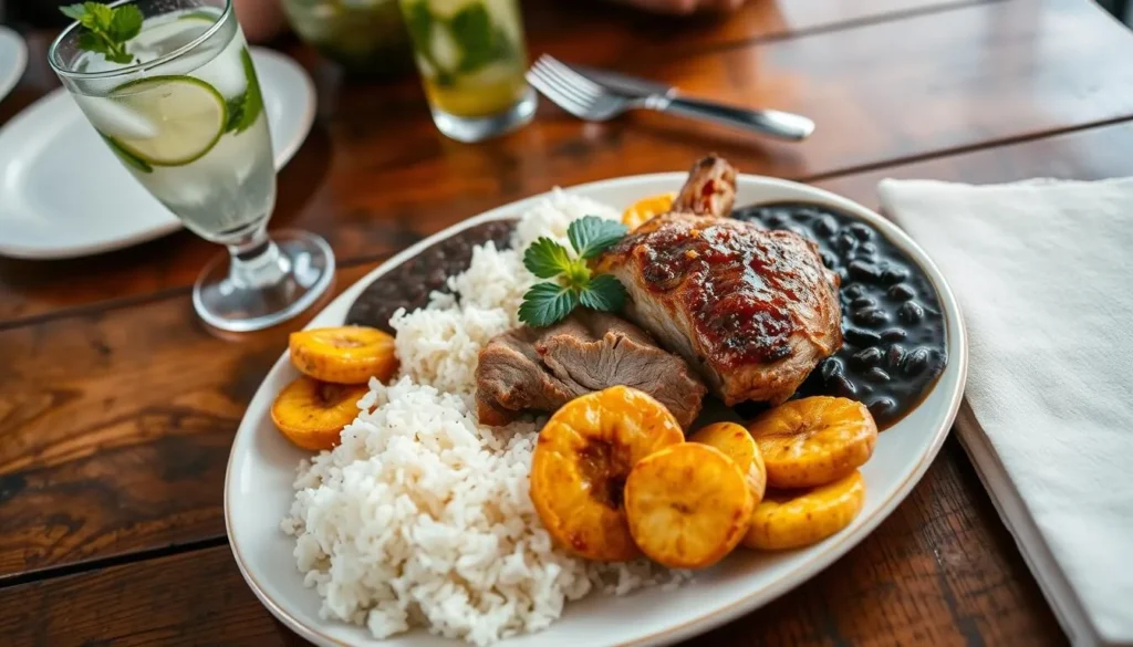 Traditional Cuban meal with roast pork, rice, beans, and plantains served in a local paladar in San Cristobal