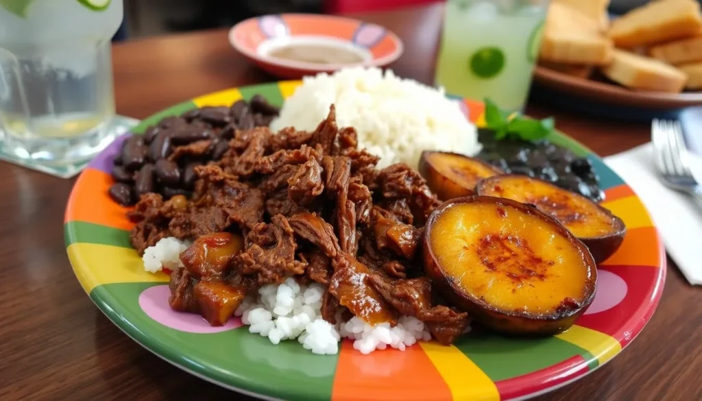 Traditional Cuban meal with ropa vieja, rice, beans, and plantains