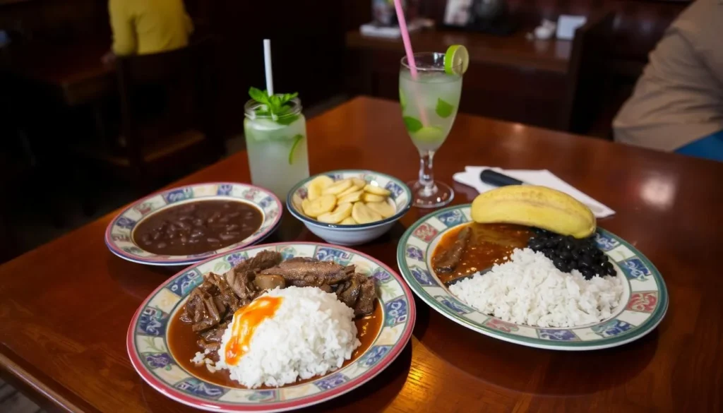Traditional Cuban meal with ropa vieja, rice, beans, and plantains