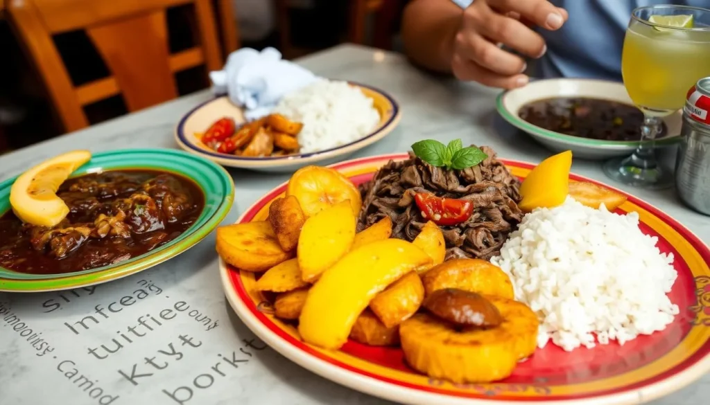 Traditional Cuban meal with ropa vieja, rice, beans, and plantains in Ranchuelo restaurant