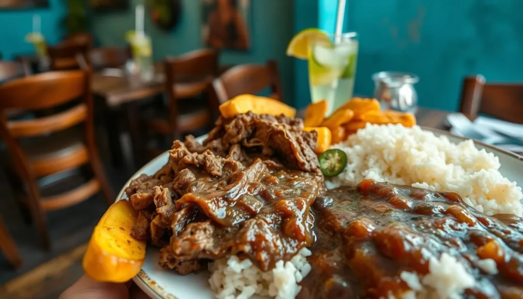 Traditional Cuban meal with ropa vieja, rice, beans and plantains in Santo Domingo restaurant