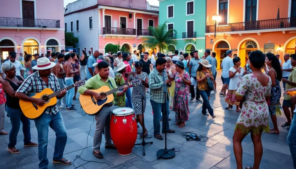 Traditional Cuban music performance in the main square of Viñales with locals and tourists dancing