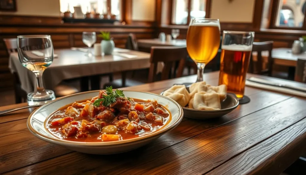 Traditional Czech meal with goulash, dumplings, and a glass of local beer