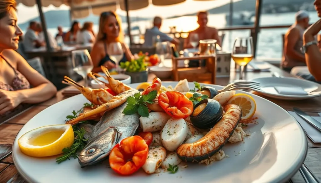 Traditional Dalmatian seafood platter being served at a waterfront restaurant in Brac