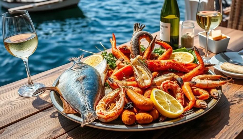 Traditional Dalmatian seafood platter served at a waterfront restaurant in Hvar