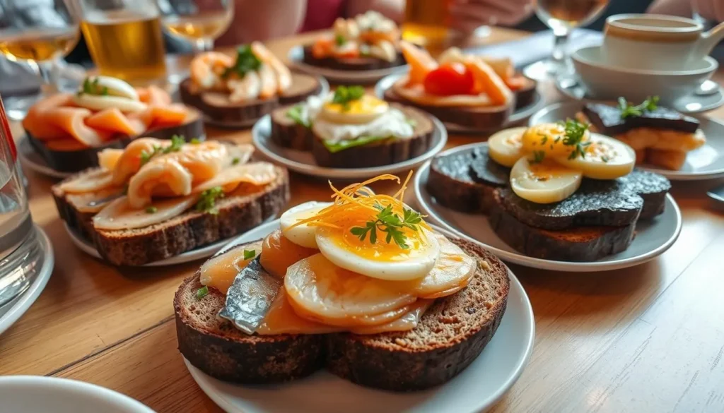 Traditional Danish smørrebrød open-faced sandwiches on a restaurant table