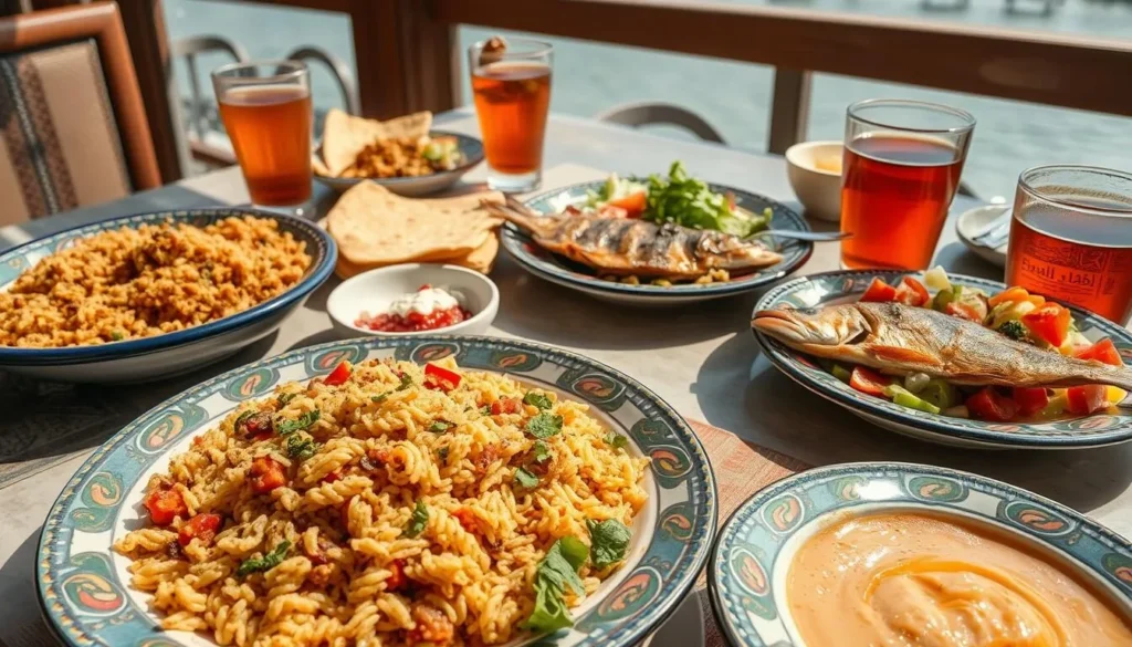 Traditional Egyptian meal with koshari, grilled fish, bread, and dips served at a restaurant with Nile views Traditional Egyptian meal with koshari, grilled fish, bread, and dips served at a restaurant with Nile views
