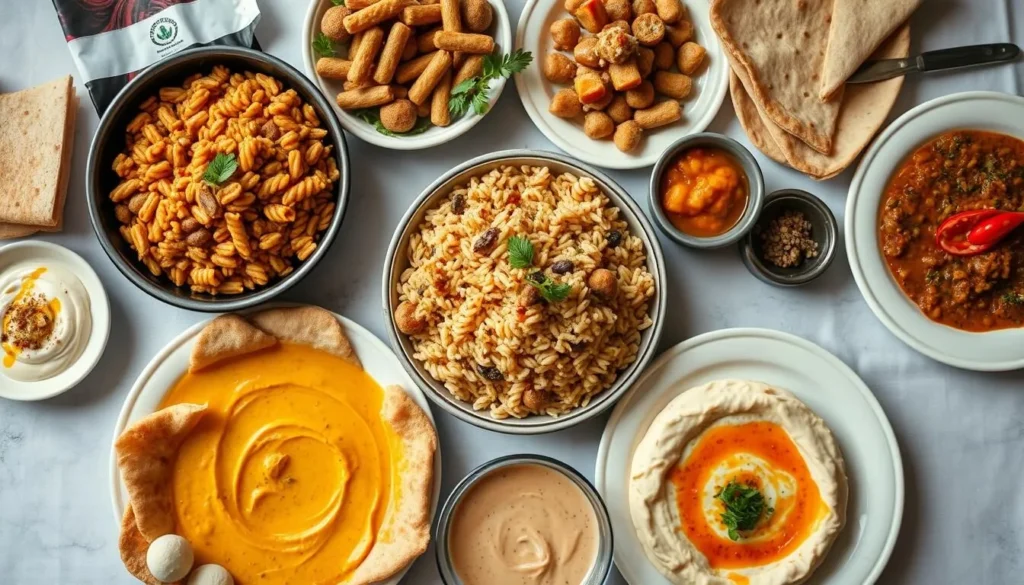 Traditional Egyptian meal with various dishes including koshary, falafel, and dips Traditional Egyptian meal with various dishes including koshary, falafel, and dips