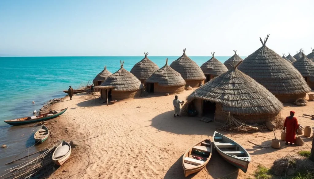Traditional El Molo village on the shores of Lake Turkana with dome-shaped huts