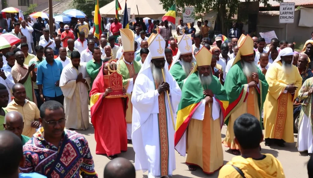 Traditional Ethiopian Orthodox Timkat celebration in Bahir Dar with colorful processions and ceremonies