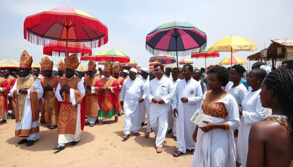 Traditional Ethiopian Orthodox religious festival on Rema Island with colorful processions