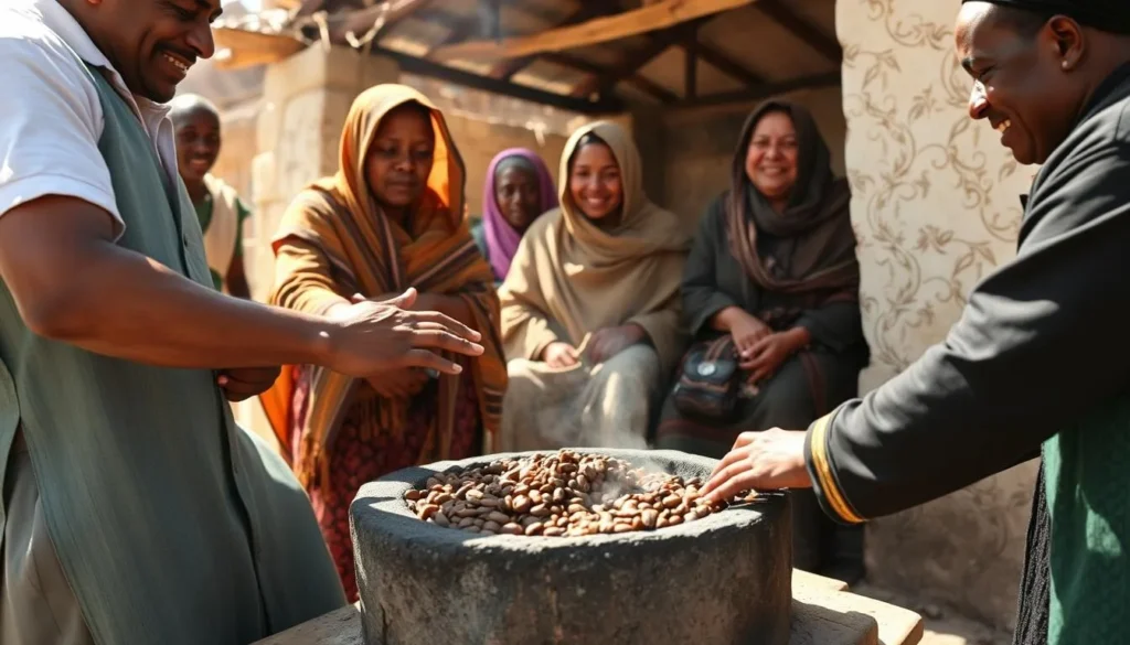 Traditional Ethiopian coffee ceremony being performed for tourists