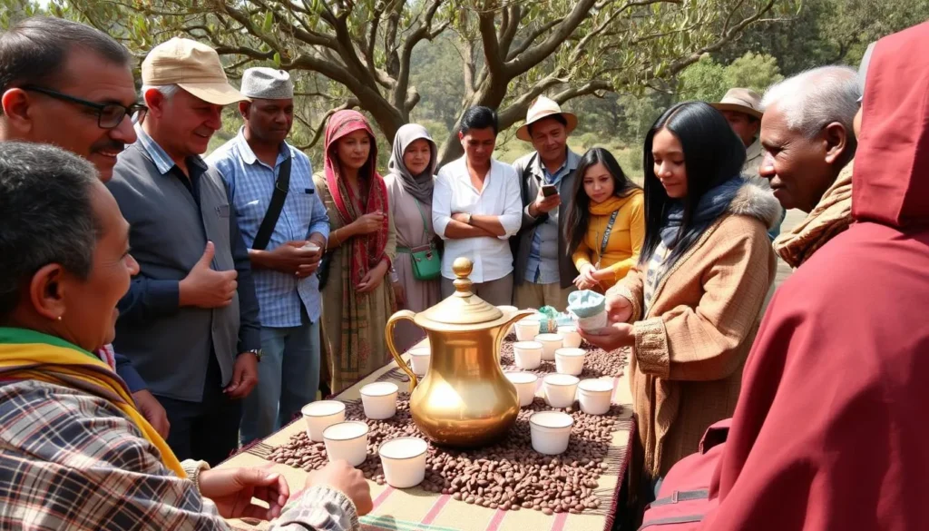 Traditional Ethiopian coffee ceremony being performed for tourists at Entoto Hills Traditional Ethiopian coffee ceremony being performed for tourists at Entoto Hills