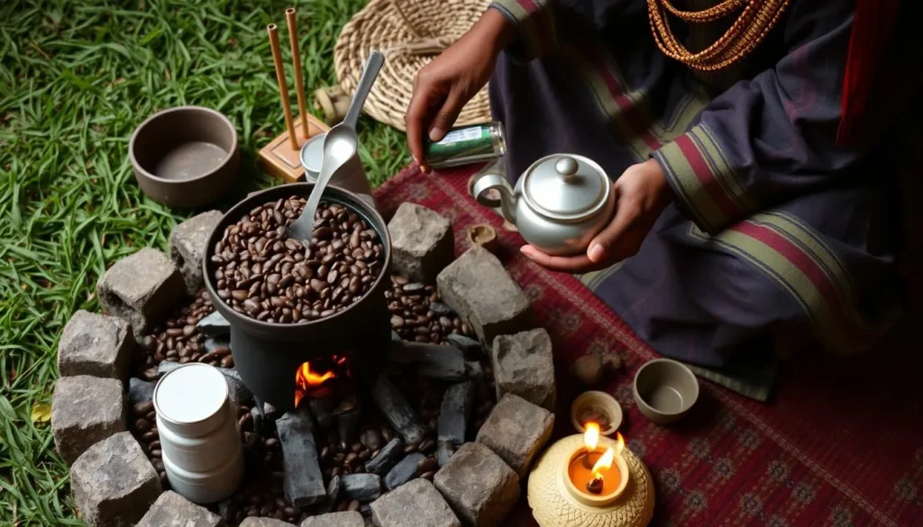 Traditional Ethiopian coffee ceremony being performed in the Great Rift Valley