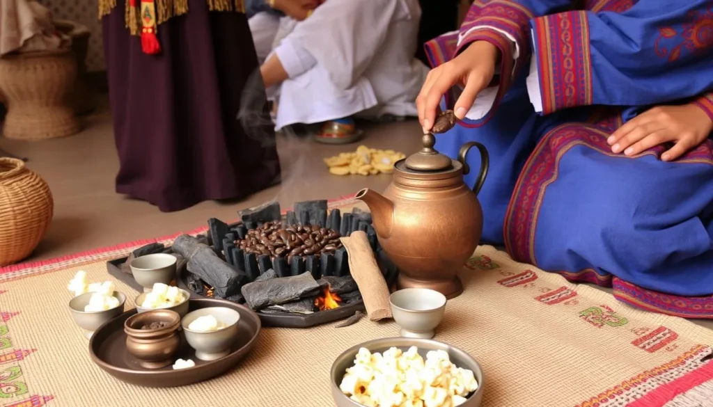 Traditional Ethiopian coffee ceremony being performed with coffee beans roasting over coals and small cups arranged for serving