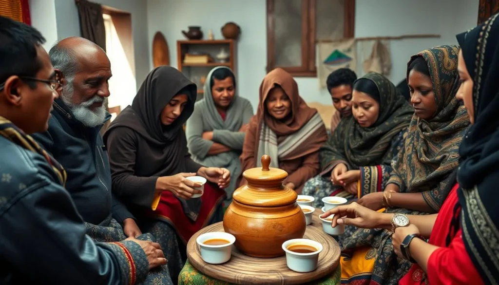 Traditional Ethiopian coffee ceremony near Mount Tullu Dimtu with local hosts and tourists