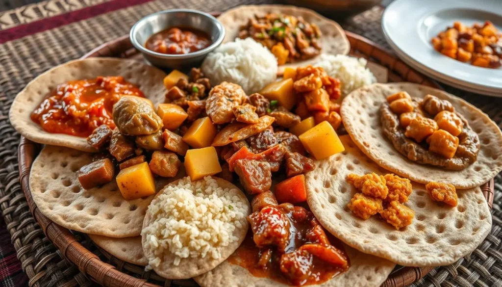 Traditional Ethiopian cuisine served near Lake Shala with injera and various stews Traditional Ethiopian cuisine served near Lake Shala with injera and various stews