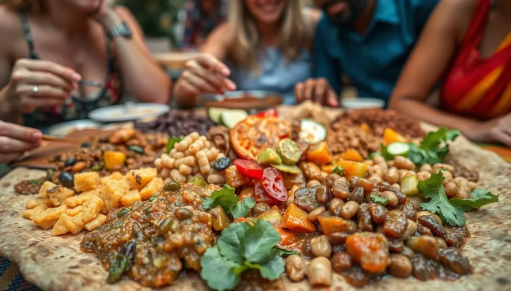 Traditional Ethiopian cuisine served on injera with diverse tourists enjoying a meal