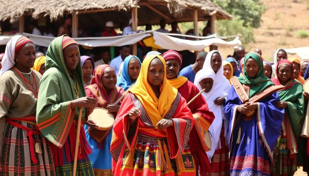 Traditional Ethiopian cultural celebration near Borena-Sayint National Park with colorful clothing and dancing
