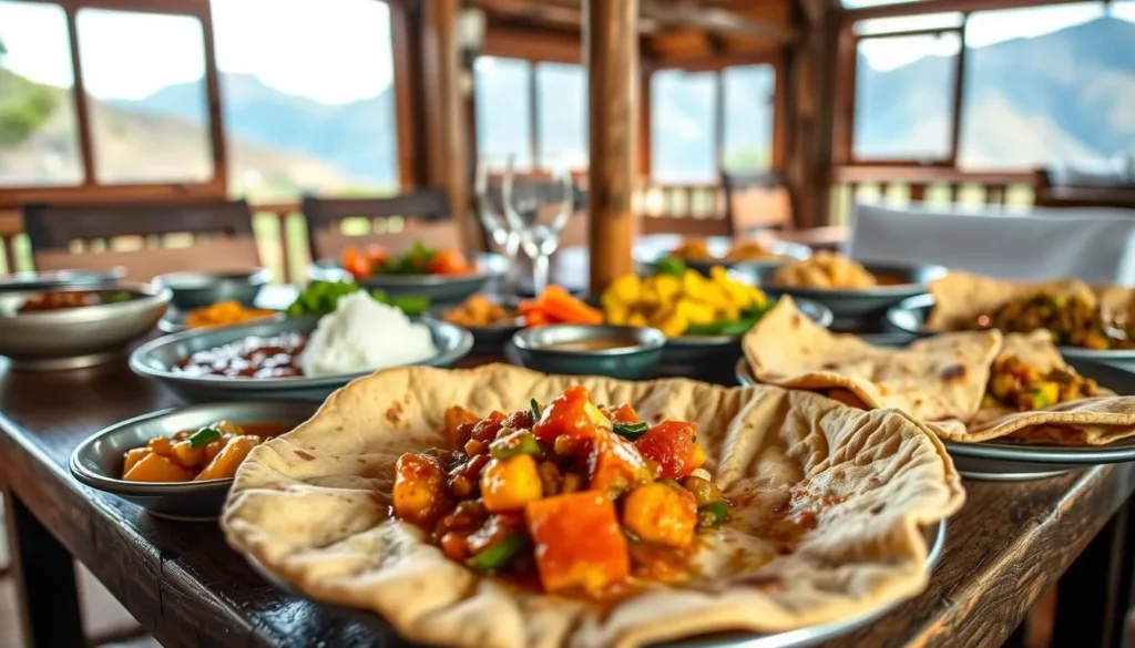 Traditional Ethiopian food being served at a lodge in Simien Mountains National Park Ethiopia