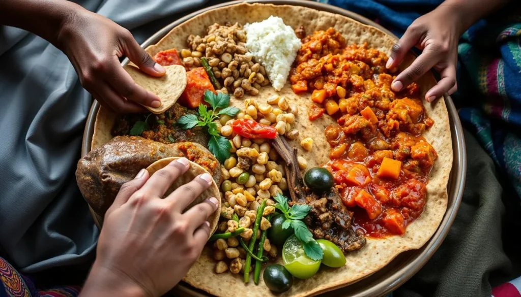 Traditional Ethiopian food being served with injera and various dishes in Omo Valley
