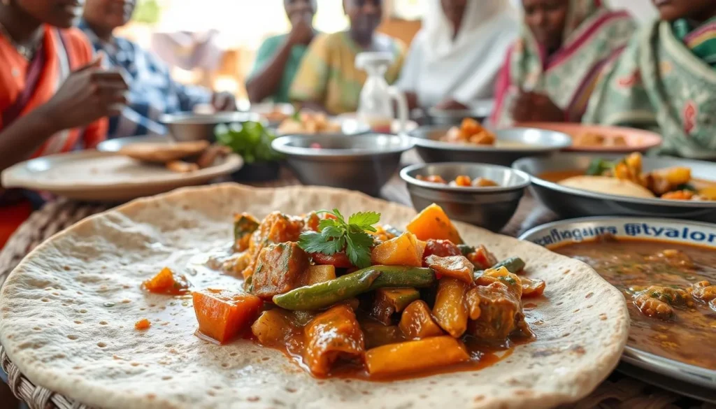 Traditional Ethiopian food in Bahir Dar featuring injera with various stews and dishes served on a mesob